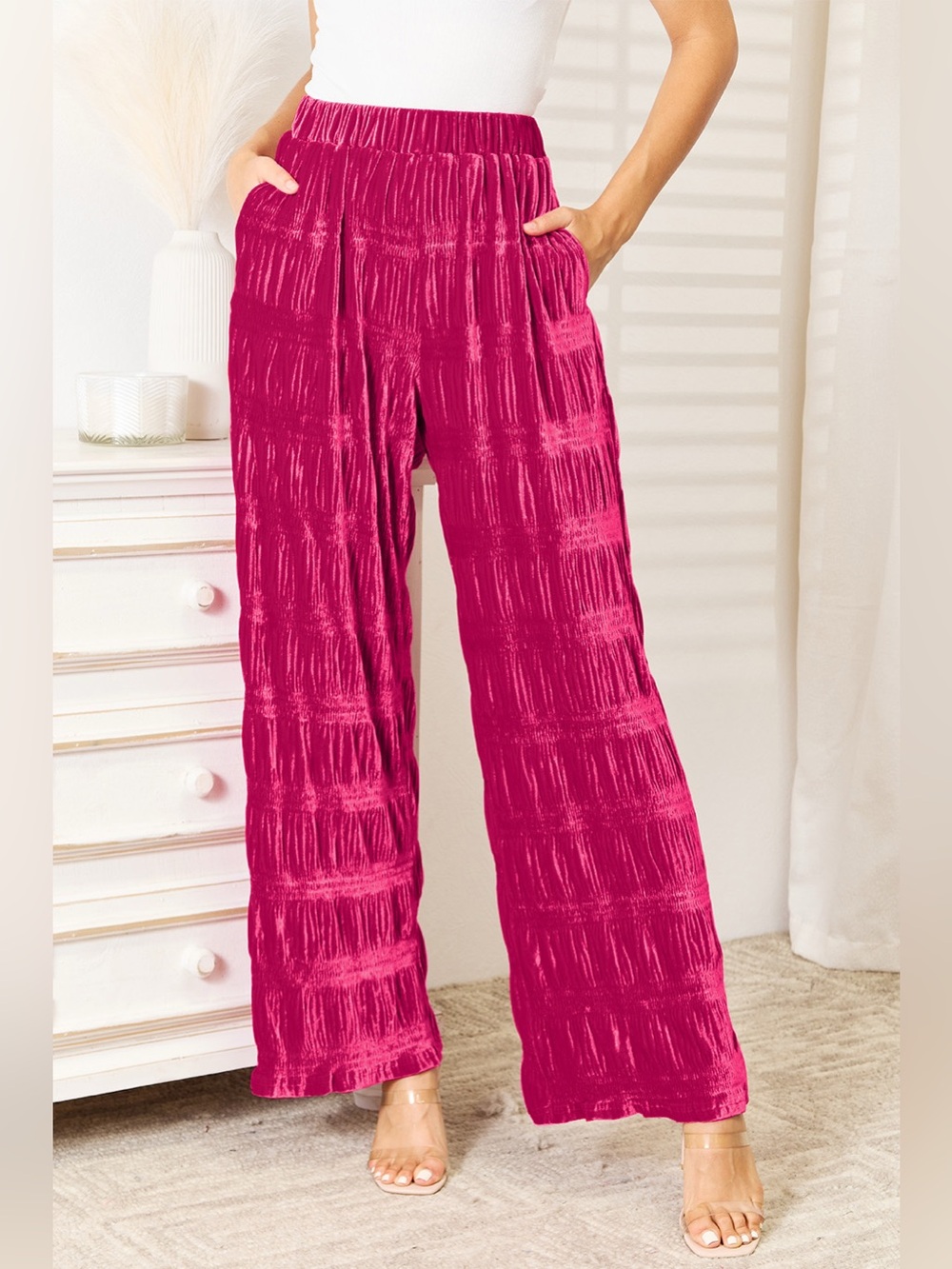 Double Take Full Size High Waist Tiered Shirring Velvet Wide Leg Pants